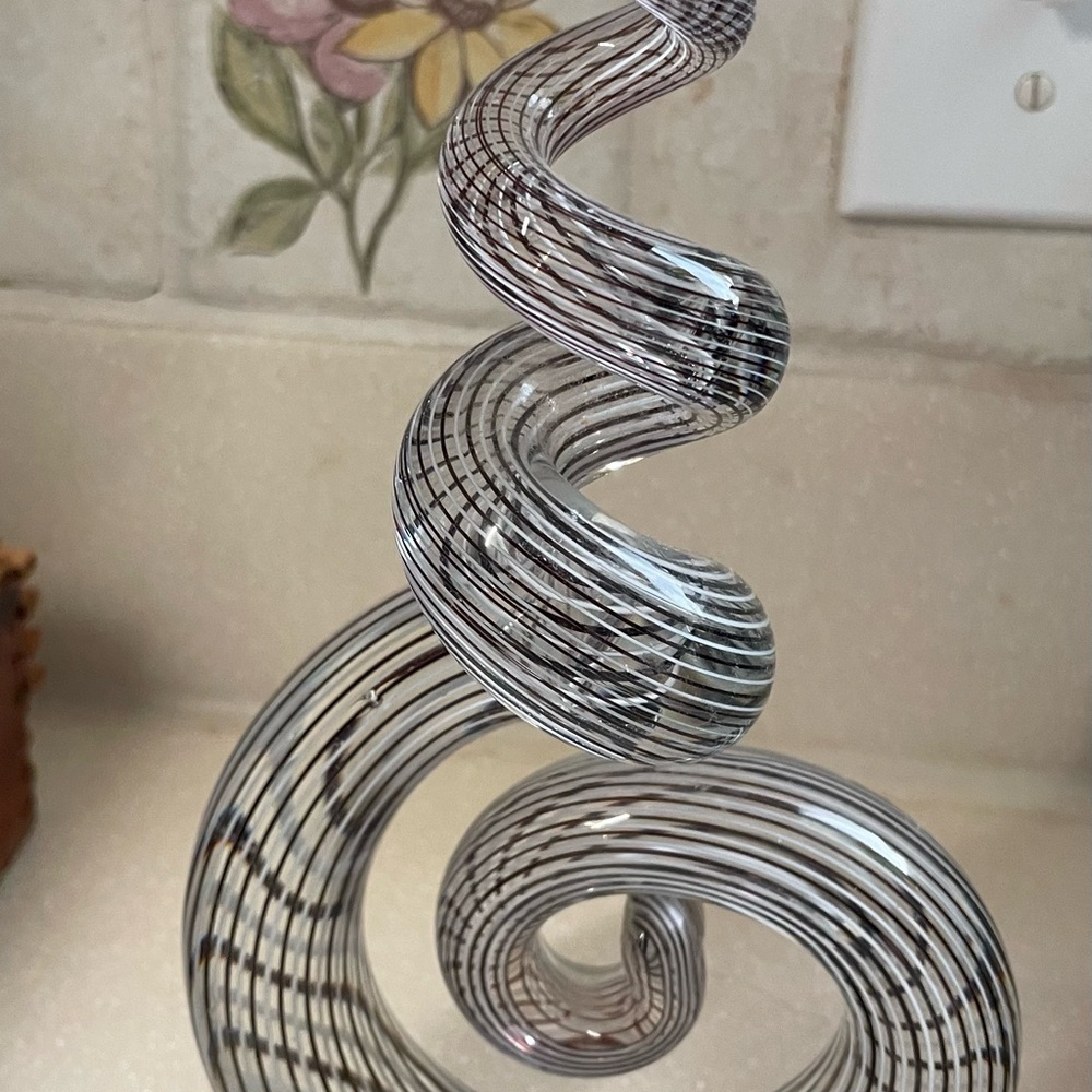 Murano Style Spiral Coil Art Glass Sculpture Twist Black White 10.5”